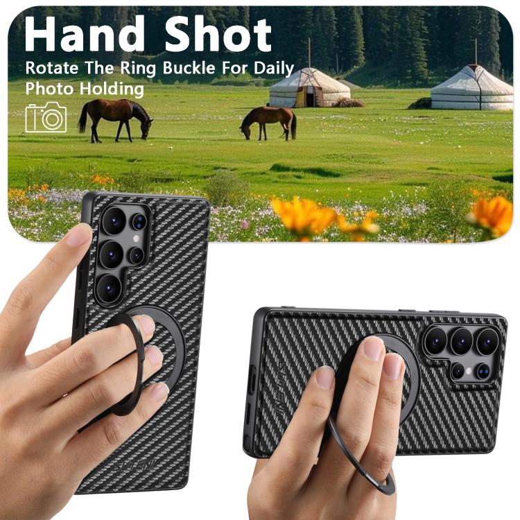 For Samsung Galaxy S23 Ultra 5G Suteni G3 Carbon Fiber Leather 360 Rotation Holder MagSafe Phone Case(Black) by Suteni