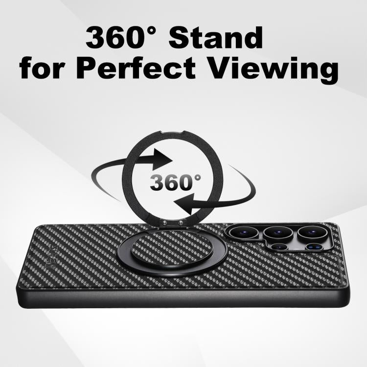 For Samsung Galaxy S22+ 5G Suteni G3 Carbon Fiber Leather 360 Rotation Holder MagSafe Phone Case(Black) by Suteni