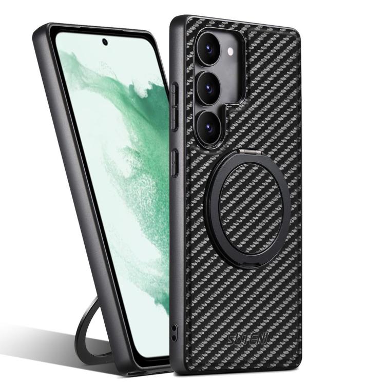 For Samsung Galaxy S22 5G Suteni G3 Carbon Fiber Leather 360 Rotation Holder MagSafe Phone Case(Black) by Suteni