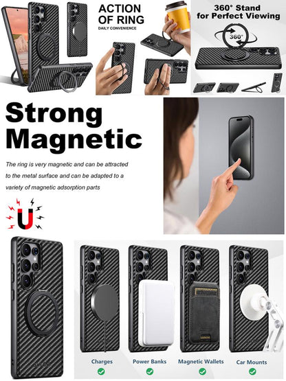 For Samsung Galaxy S23+ 5G Suteni G3 Carbon Fiber Leather 360 Rotation Holder MagSafe Phone Case(Black) by Suteni