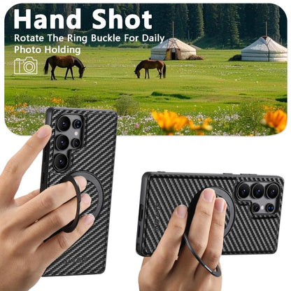 For Samsung Galaxy S24 5G Suteni G3 Carbon Fiber Leather 360 Rotation Holder MagSafe Phone Case(Black) by Suteni