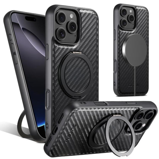 For iPhone 16 Pro Max Suteni G3 Carbon Fiber Leather 360 Rotation Holder MagSafe Phone Case(Black) by Suteni