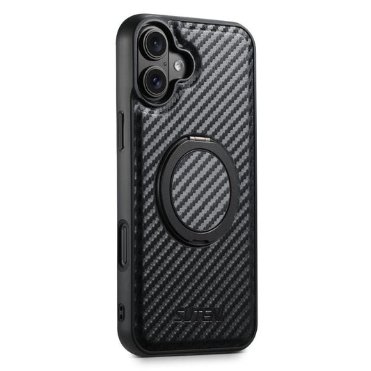 For iPhone 16 Plus Suteni G3 Carbon Fiber Leather 360 Rotation Holder MagSafe Phone Case(Black) by Suteni