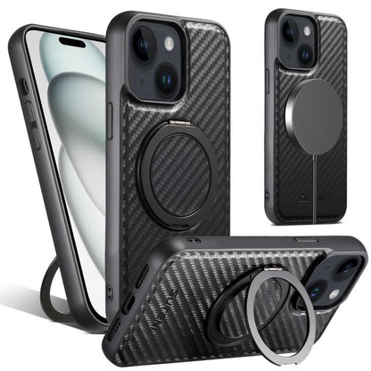 For iPhone 15 Plus Suteni G3 Carbon Fiber Leather 360 Rotation Holder MagSafe Phone Case(Black) by Suteni