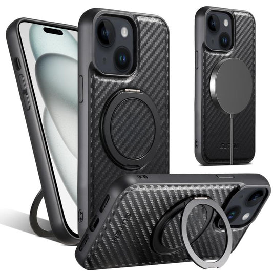 For iPhone 15 Plus Suteni G3 Carbon Fiber Leather 360 Rotation Holder MagSafe Phone Case(Black) by Suteni