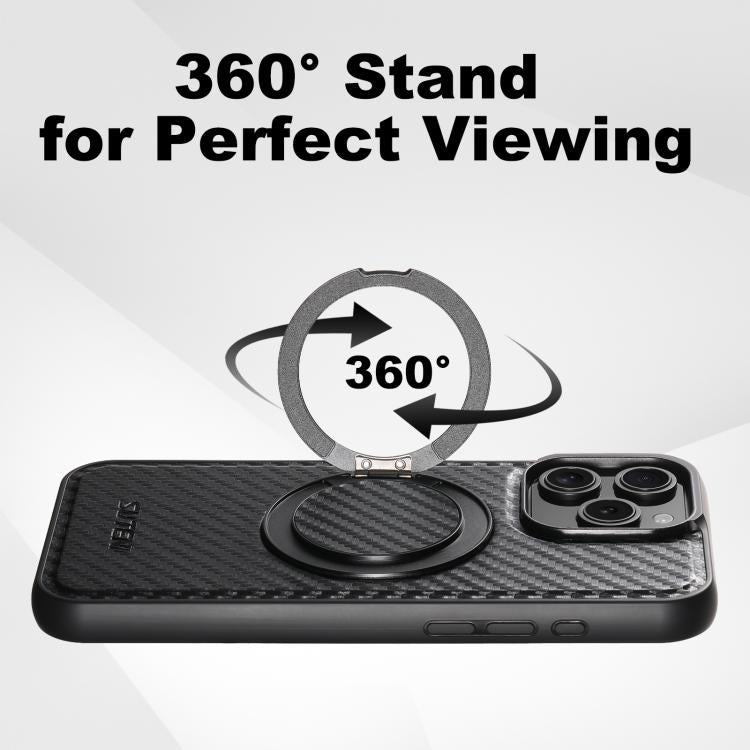 For iPhone 15 Plus Suteni G3 Carbon Fiber Leather 360 Rotation Holder MagSafe Phone Case(Black) by Suteni