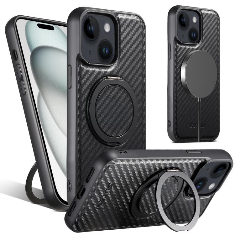 For iPhone 15 Suteni G3 Carbon Fiber Leather 360 Rotation Holder MagSafe Phone Case(Black) by Suteni