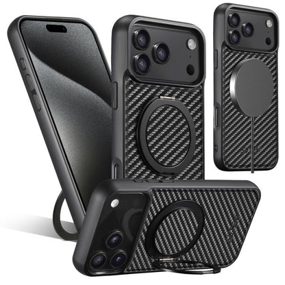 For iPhone 17 Pro Suteni G3 Carbon Fiber Leather 360 Rotation Holder MagSafe Phone Case(Black) by Suteni