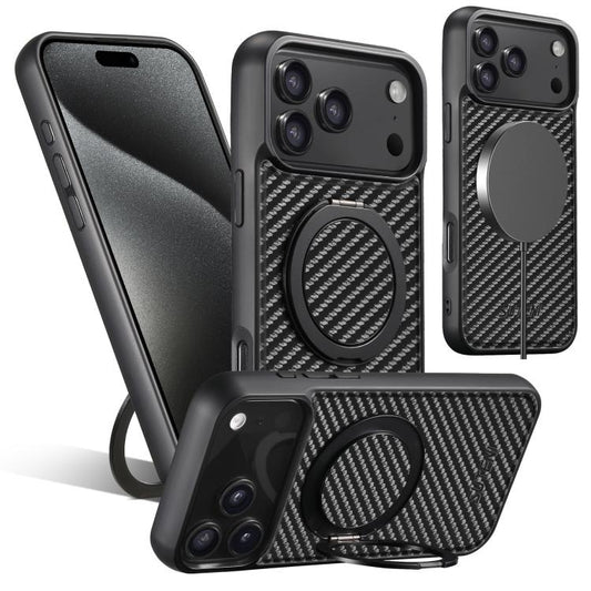 For iPhone 17 Pro Suteni G3 Carbon Fiber Leather 360 Rotation Holder MagSafe Phone Case(Black) by Suteni