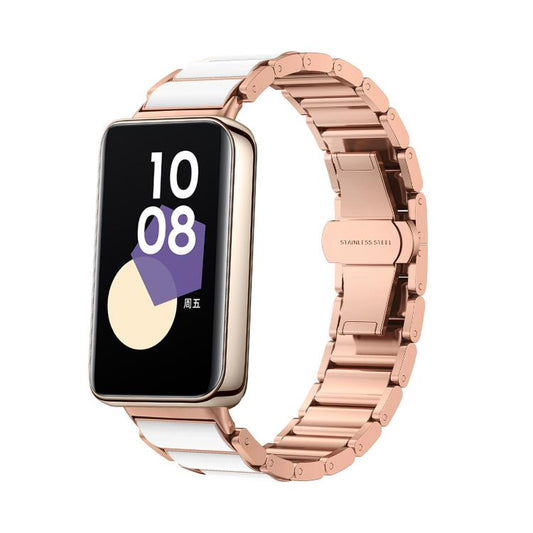 For Honor Band 9 Butterfly Buckle Ceramic White Metal Watch Band(Rose Gold) by bashfashion