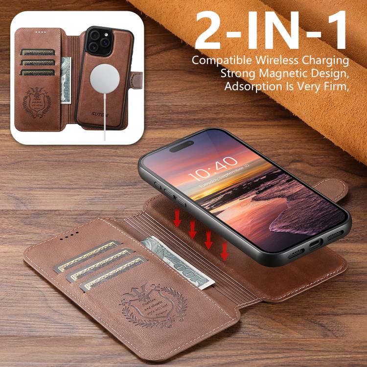 For iPhone 16 Plus Suteni Q05 2-in-1 Multi-function Detachable Wallet MagSafe Phone Case(Brown) by Suteni