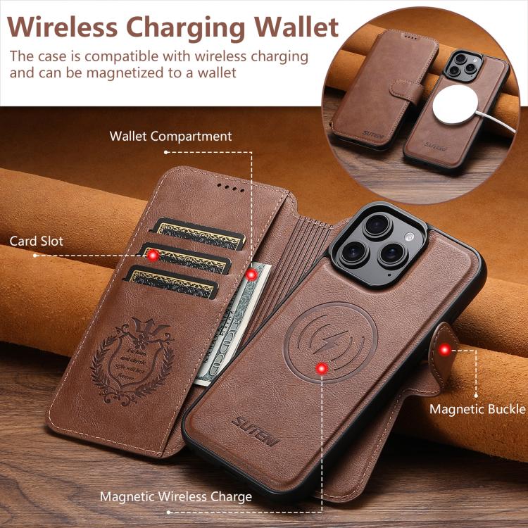 For iPhone 16 Suteni Q05 2-in-1 Multi-function Detachable Wallet MagSafe Phone Case(Brown) by Suteni