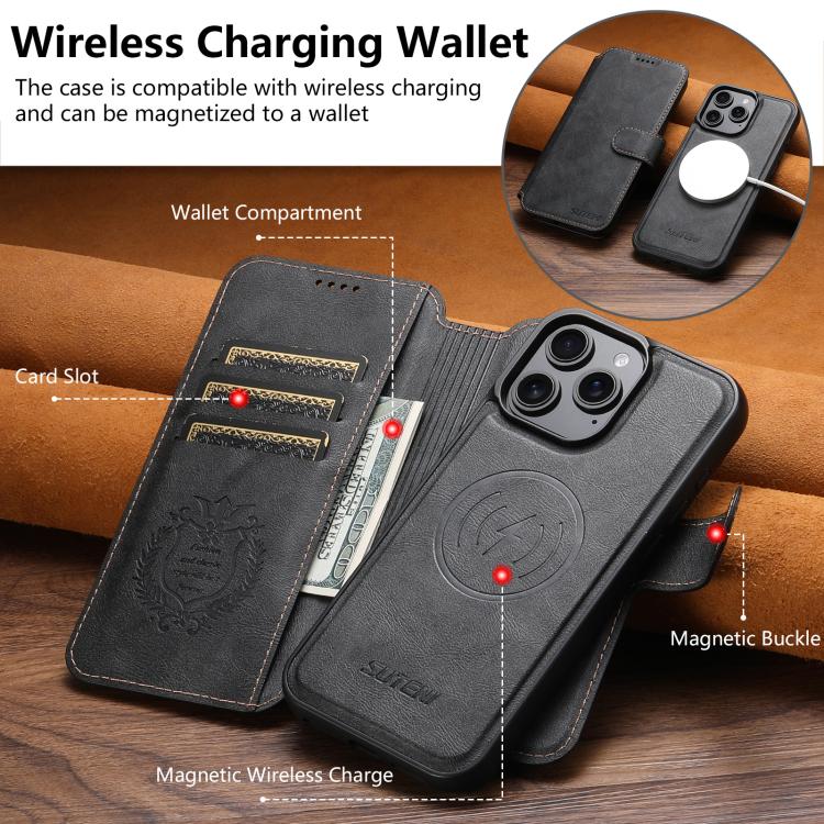For iPhone 14 Pro Suteni Q05 2-in-1 Multi-function Detachable Wallet MagSafe Phone Case(Black) by Suteni
