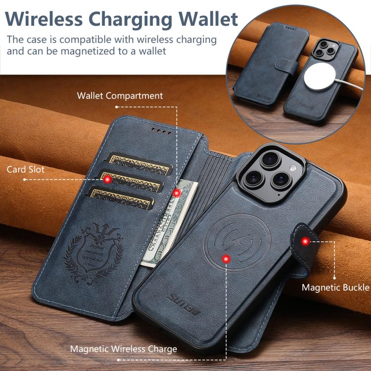 For iPhone 12 Pro Max Suteni Q05 2-in-1 Multi-function Detachable Wallet MagSafe Phone Case(Blue) by Suteni
