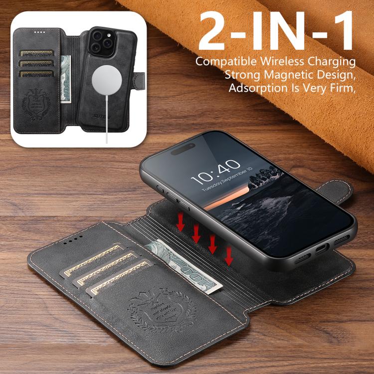 For iPhone 12 Suteni Q05 2-in-1 Multi-function Detachable Wallet MagSafe Phone Case(Black) by Suteni