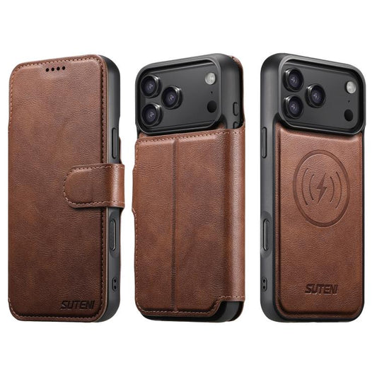 For iPhone 17 Pro Max Suteni Q05 2-in-1 Multi-function Detachable Wallet MagSafe Phone Case(Brown) by Suteni
