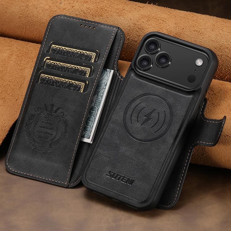 For iPhone 17 Pro Suteni Q05 2-in-1 Multi-function Detachable Wallet MagSafe Phone Case(Black) by Suteni