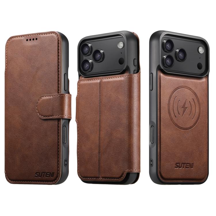 For iPhone 17 Pro Suteni Q05 2-in-1 Multi-function Detachable Wallet MagSafe Phone Case(Brown) by Suteni