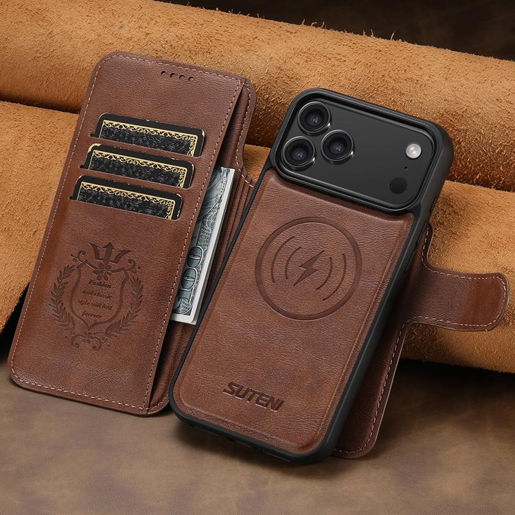 For iPhone 17 Pro Suteni Q05 2-in-1 Multi-function Detachable Wallet MagSafe Phone Case(Brown) by Suteni