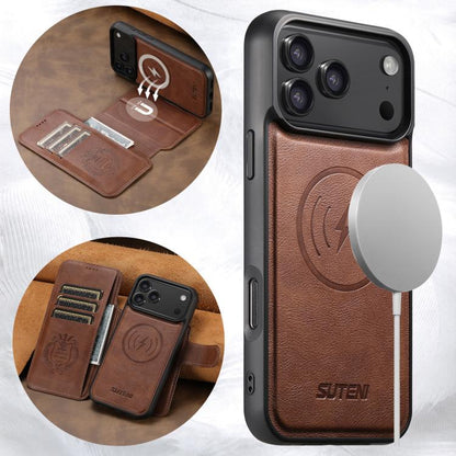 For iPhone 17 Pro Suteni Q05 2-in-1 Multi-function Detachable Wallet MagSafe Phone Case(Brown) by Suteni