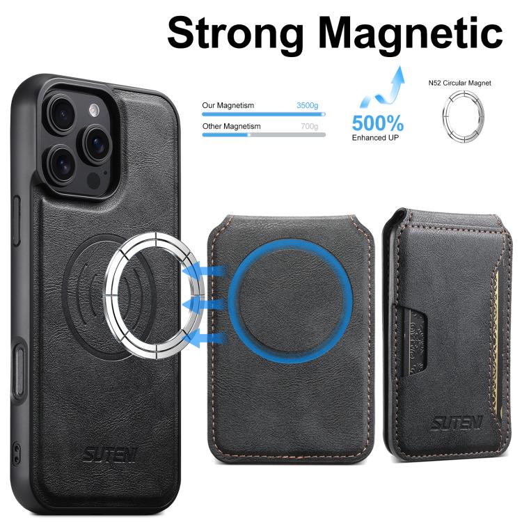 For iPhone 16 Pro Max Suteni M3 Card Bag MagSafe Cowhide Texture Leather Phone Case(Black) by Suteni