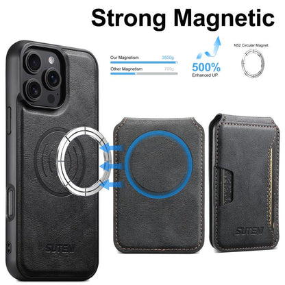 For iPhone 16 Pro Max Suteni M3 Card Bag MagSafe Cowhide Texture Leather Phone Case(Black) by Suteni