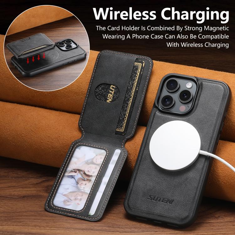 For iPhone 16 Pro Max Suteni M3 Card Bag MagSafe Cowhide Texture Leather Phone Case(Black) by Suteni