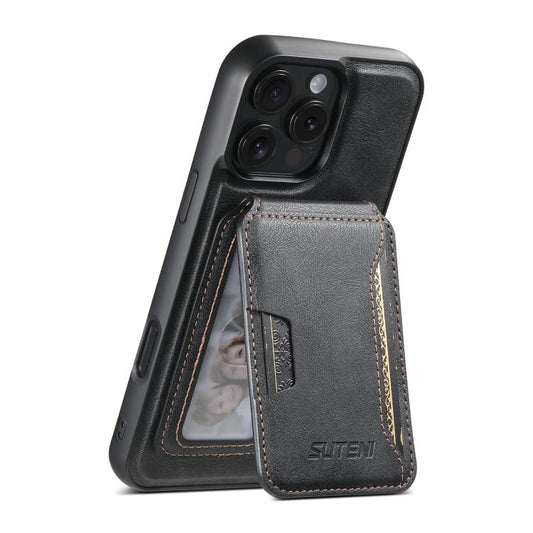 For iPhone 16 Pro Max Suteni M3 Card Bag MagSafe Cowhide Texture Leather Phone Case(Black) by Suteni