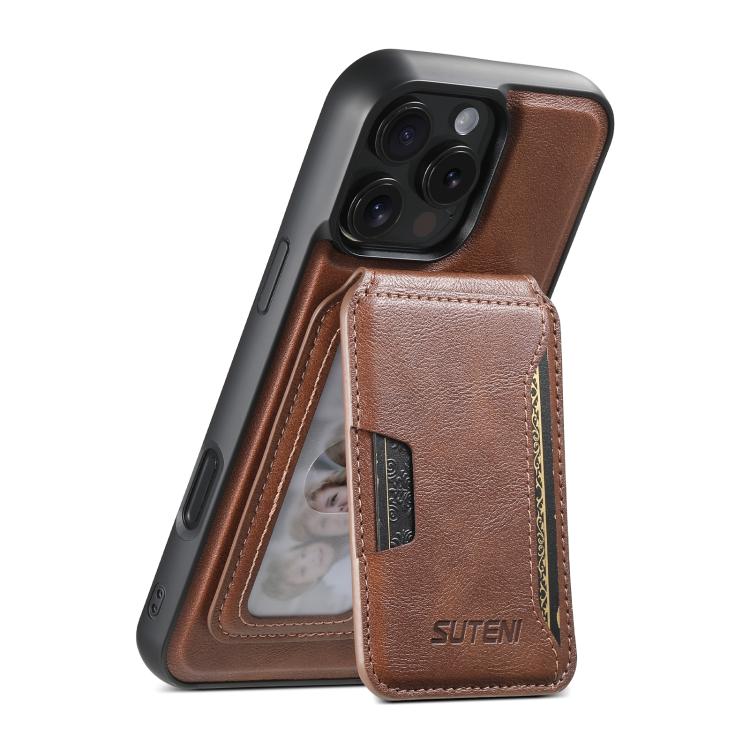 For iPhone 16 Pro Max Suteni M3 Card Bag MagSafe Cowhide Texture Leather Phone Case(Brown) by Suteni