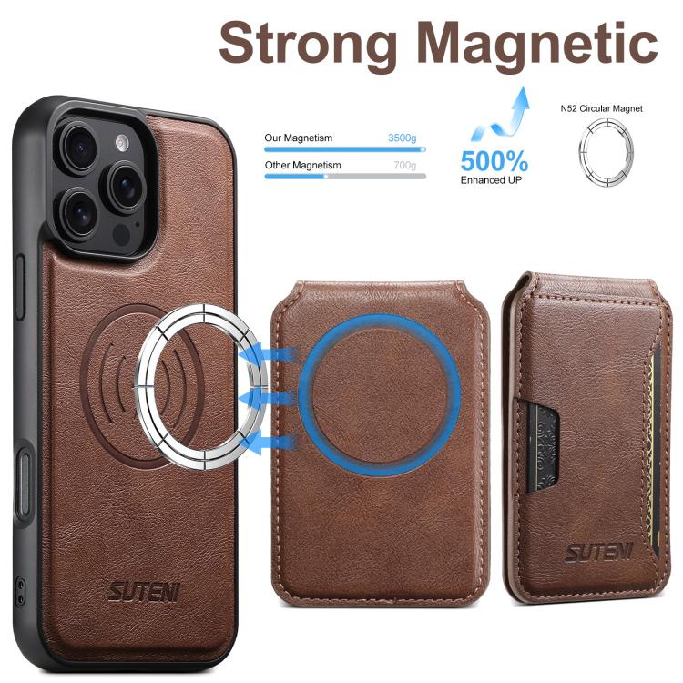 For iPhone 16 Pro Max Suteni M3 Card Bag MagSafe Cowhide Texture Leather Phone Case(Brown) by Suteni