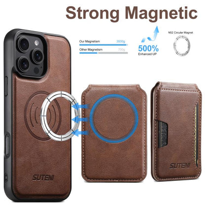 For iPhone 16 Pro Max Suteni M3 Card Bag MagSafe Cowhide Texture Leather Phone Case(Brown) by Suteni