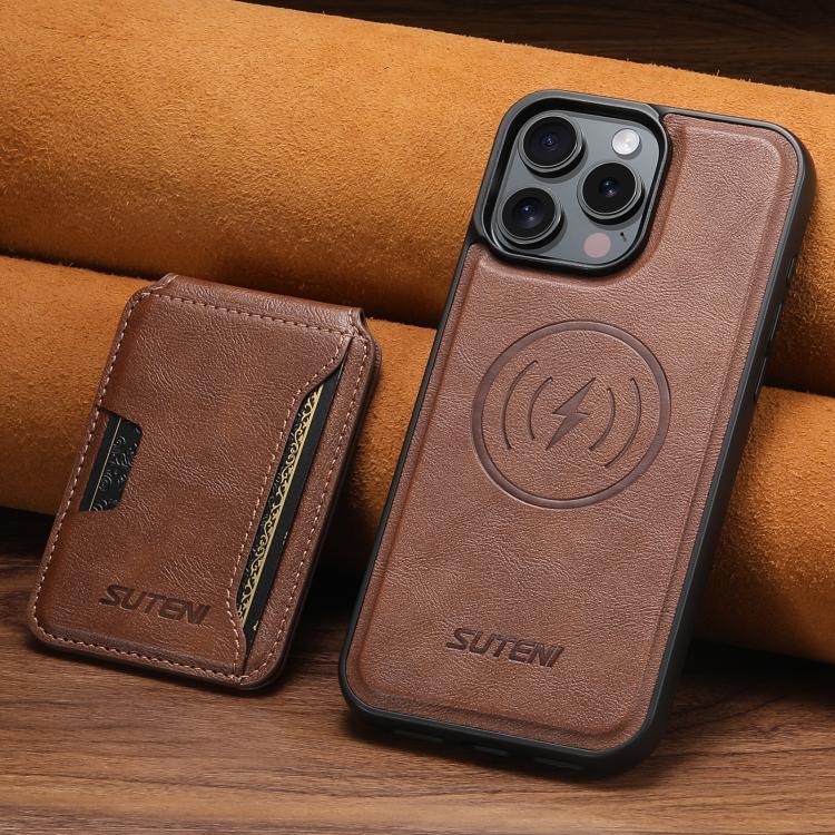For iPhone 16 Pro Max Suteni M3 Card Bag MagSafe Cowhide Texture Leather Phone Case(Brown) by Suteni