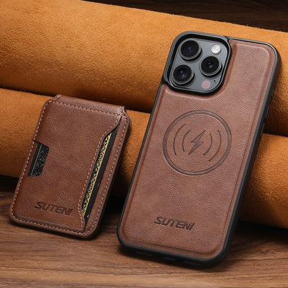 For iPhone 16 Pro Max Suteni M3 Card Bag MagSafe Cowhide Texture Leather Phone Case(Brown) by Suteni