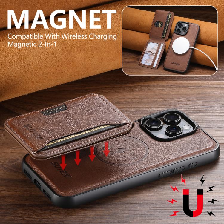 For iPhone 16 Pro Max Suteni M3 Card Bag MagSafe Cowhide Texture Leather Phone Case(Brown) by Suteni