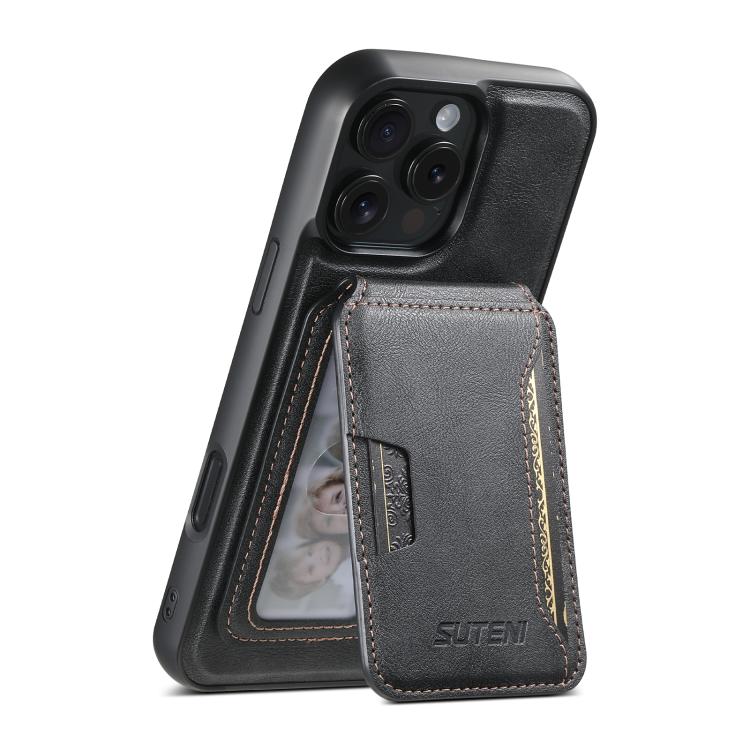 For iPhone 16 Pro Suteni M3 Card Bag MagSafe Cowhide Texture Leather Phone Case(Black) by Suteni