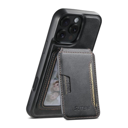For iPhone 16 Pro Suteni M3 Card Bag MagSafe Cowhide Texture Leather Phone Case(Black) by Suteni