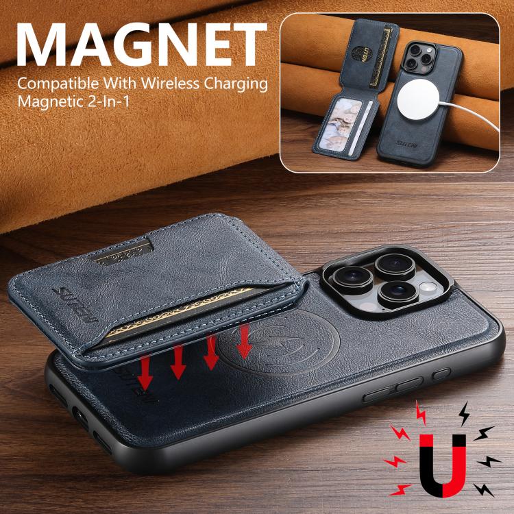For iPhone 16 Plus Suteni M3 Card Bag MagSafe Cowhide Texture Leather Phone Case(Blue) by Suteni