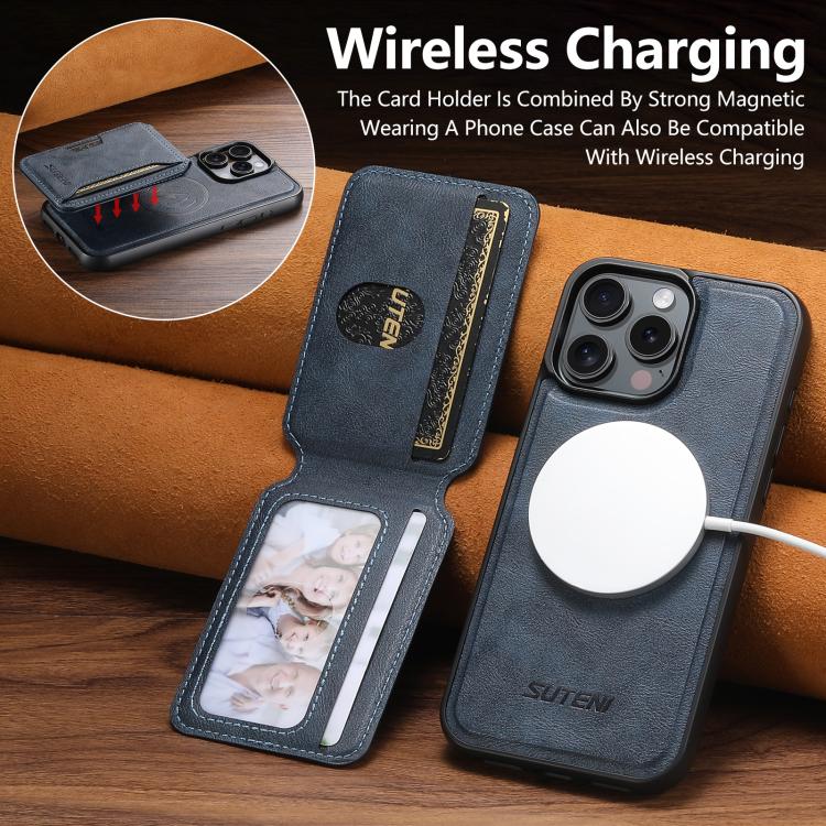 For iPhone 16 Plus Suteni M3 Card Bag MagSafe Cowhide Texture Leather Phone Case(Blue) by Suteni