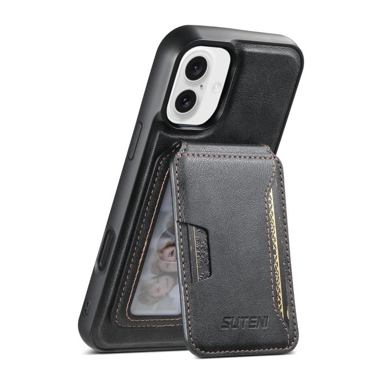 For iPhone 16 Suteni M3 Card Bag MagSafe Cowhide Texture Leather Phone Case(Black) by Suteni