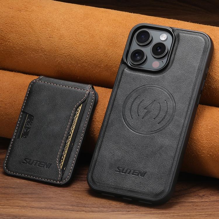 For iPhone 16 Suteni M3 Card Bag MagSafe Cowhide Texture Leather Phone Case(Black) by Suteni