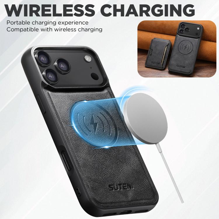 For iPhone 17 Pro Max Suteni M3 Card Bag MagSafe Cowhide Texture Leather Phone Case(Black) by Suteni