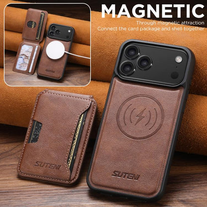 For iPhone 17 Pro Max Suteni M3 Card Bag MagSafe Cowhide Texture Leather Phone Case(Brown) by Suteni