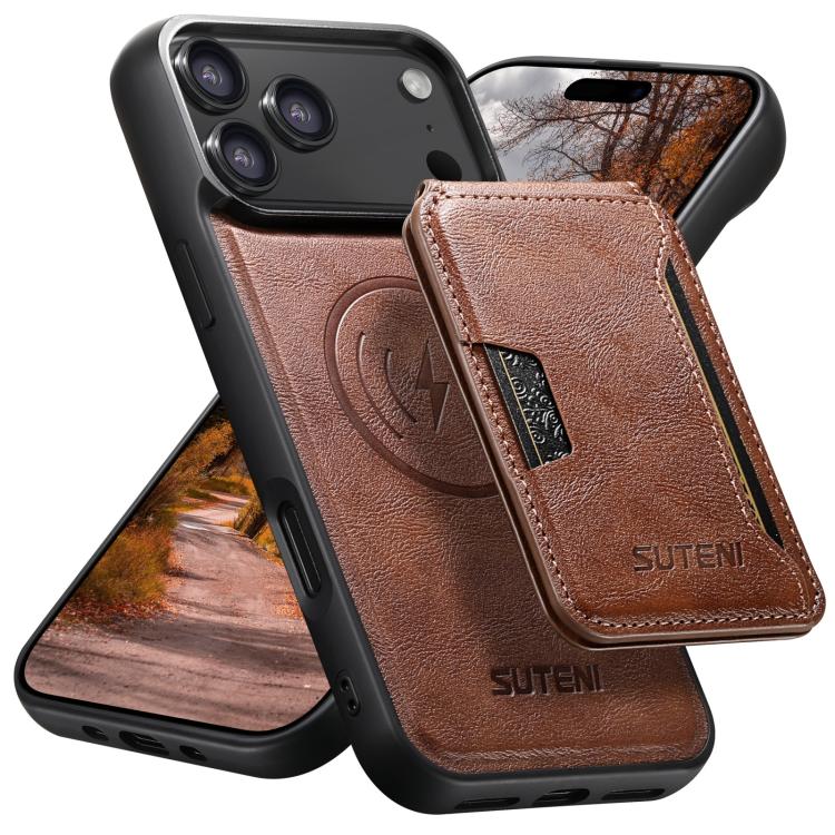 For iPhone 17 Pro Suteni M3 Card Bag MagSafe Cowhide Texture Leather Phone Case(Brown) by Suteni