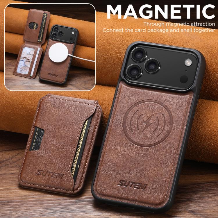 For iPhone 17 Pro Suteni M3 Card Bag MagSafe Cowhide Texture Leather Phone Case(Brown) by Suteni
