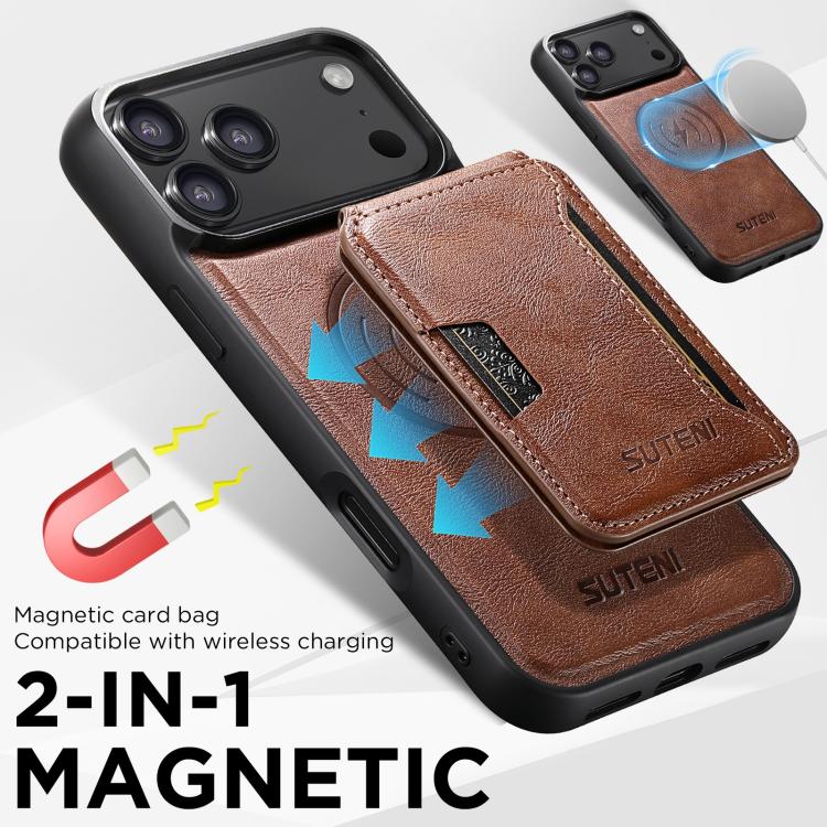 For iPhone 17 Pro Suteni M3 Card Bag MagSafe Cowhide Texture Leather Phone Case(Brown) by Suteni