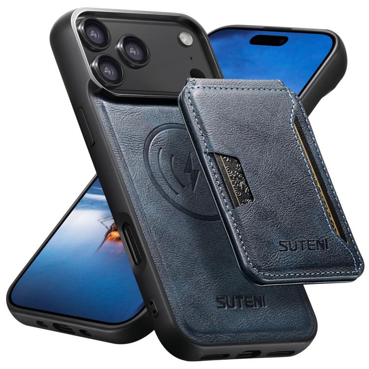 For iPhone 17 Pro Suteni M3 Card Bag MagSafe Cowhide Texture Leather Phone Case(Blue) by Suteni