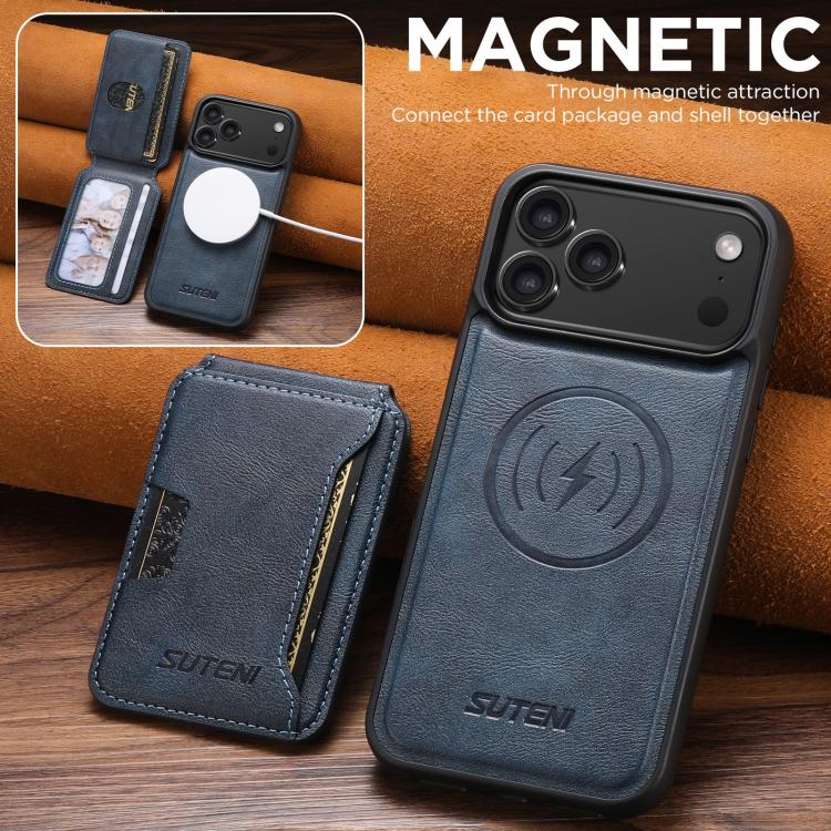 For iPhone 17 Pro Suteni M3 Card Bag MagSafe Cowhide Texture Leather Phone Case(Blue) by Suteni