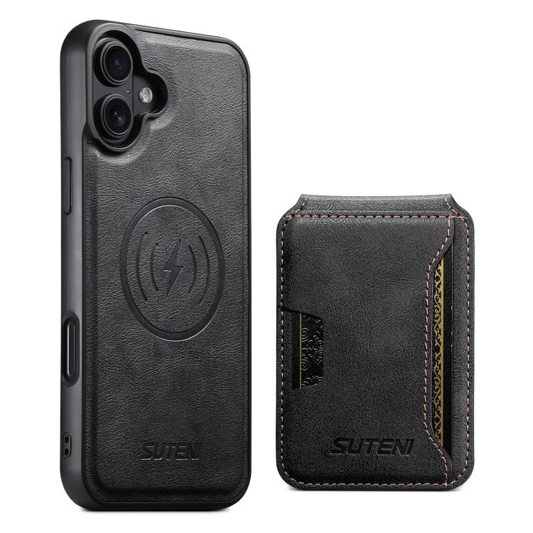 For iPhone 17 Suteni M3 Card Bag MagSafe Cowhide Texture Leather Phone Case(Black) by Suteni