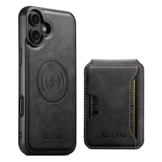 For iPhone 17 Suteni M3 Card Bag MagSafe Cowhide Texture Leather Phone Case(Black) by Suteni