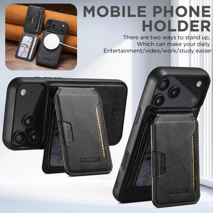 For iPhone 17 Suteni M3 Card Bag MagSafe Cowhide Texture Leather Phone Case(Black) by Suteni